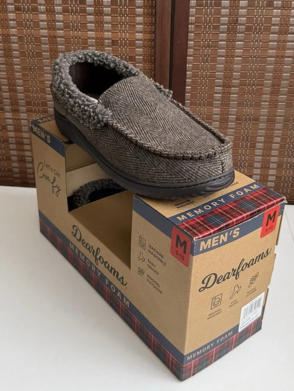 Dearfoams Men's Moccasin Slippers Size M 9-10 Brown Herringbone Memory Foam